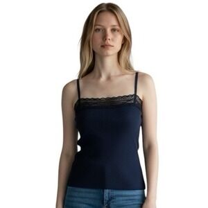 Madewell Women's XL Lace Square Neck Ribbed Tank Navy Black NWT